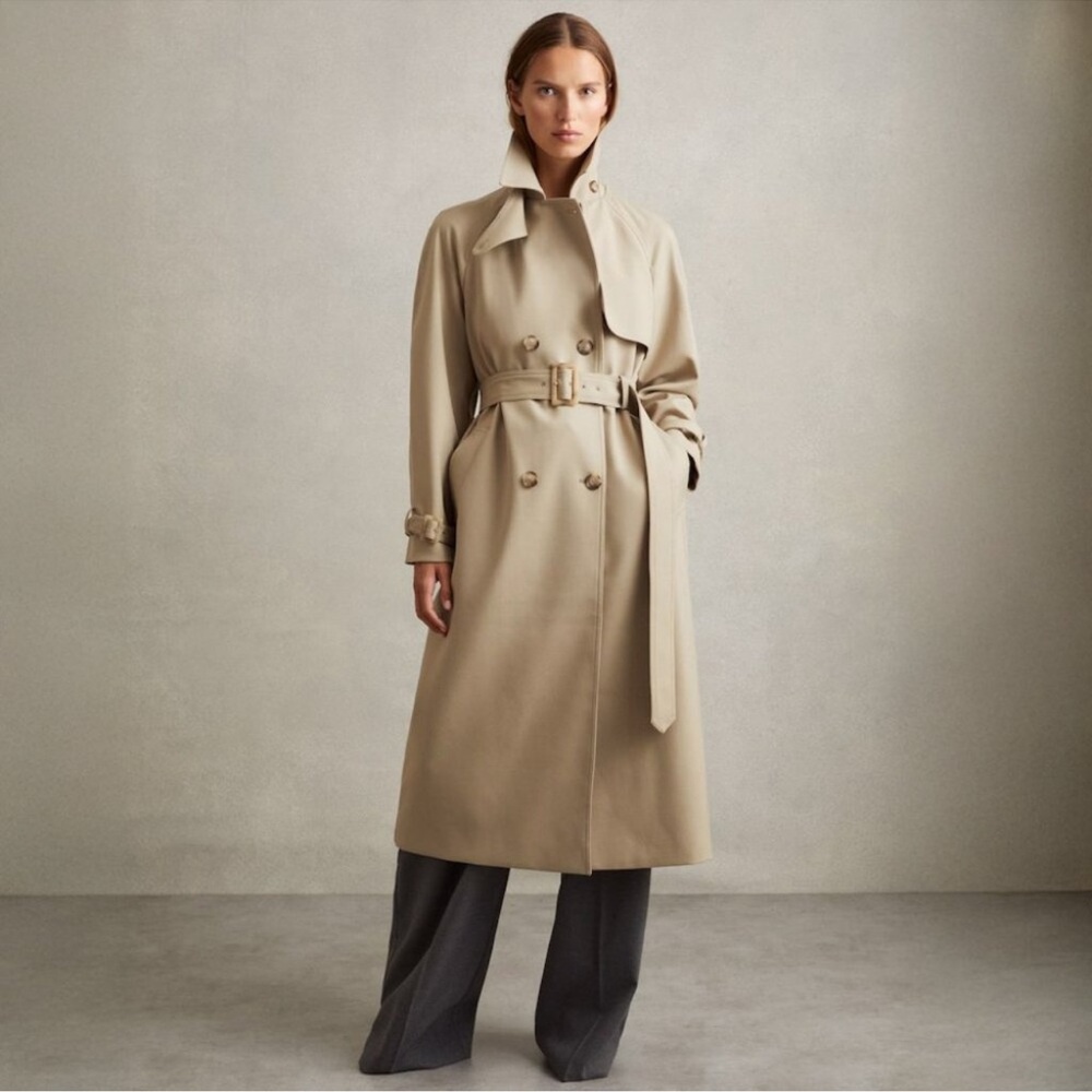 REISS Darcie Khaki Double Breasted Belted Trench Coat Khaki Size 12